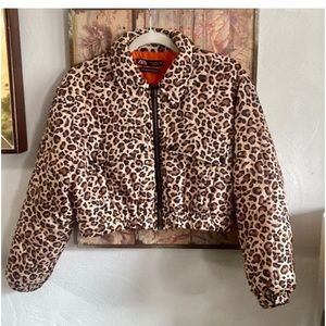 ZARA LEOPARD CROP PUFFER JACKET CROP PUFFER MOTO COAT ANIMAL PRINT FULL ZIP
